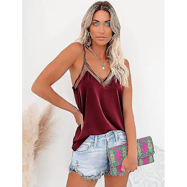 Satin Mesh V-hals Tank Topp Dame Cami Topp Silke Camisole Casual Bluse Stor
