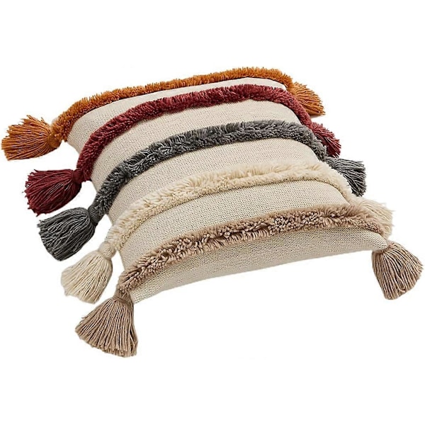 Fargerikt Tuftet Strikket Dekorativt Putevar med Dusker Mykt Koselig Putetrekk Boho Strikket Aksent Putetrekk for Soverom Stue (Beige, 1