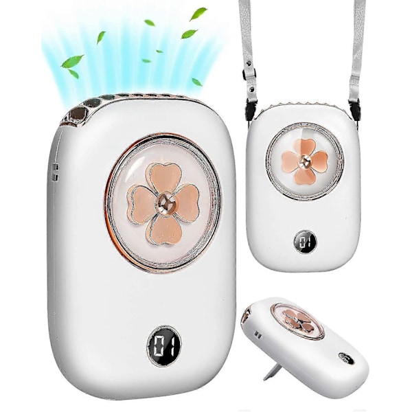 3-Nopeuksinen Henkilökohtainen Kannettava Ladattava Mini Kannettava Kaulatuuletin, 2000mAh Akku LED-Akunäytöllä ja Johdolla (Valkoinen)