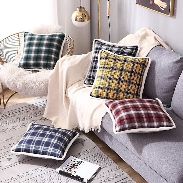 Bondgårdsrutig Pläd Kuddfodral med Flanellkant, Ultramjukt Buffelrutigt Kuddfodral för Soffa Heminredning (18\"x18\", marinblå)