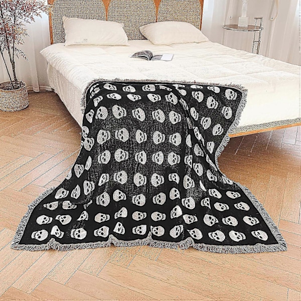 Boho Plaider Vendbar Bomuld Boheme Tapestry Hippie Værelsesindretning Dobbeltsidet (Boho Skull Print Sort 50\"x60\")