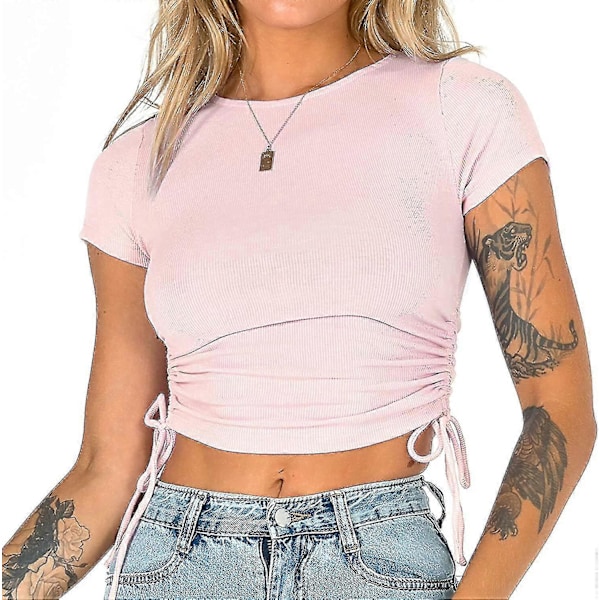 Naisten pyöreäkauluksinen lyhythihainen kiristysnyörisivulla varustettu slim fit joustava crop toppi