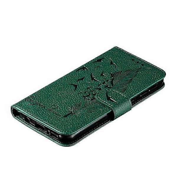 Litchi Tekstur Præget Fjer Læder Telefon Cover med Wallet Stand Kompatibel til Samsung Galaxy A20e Green