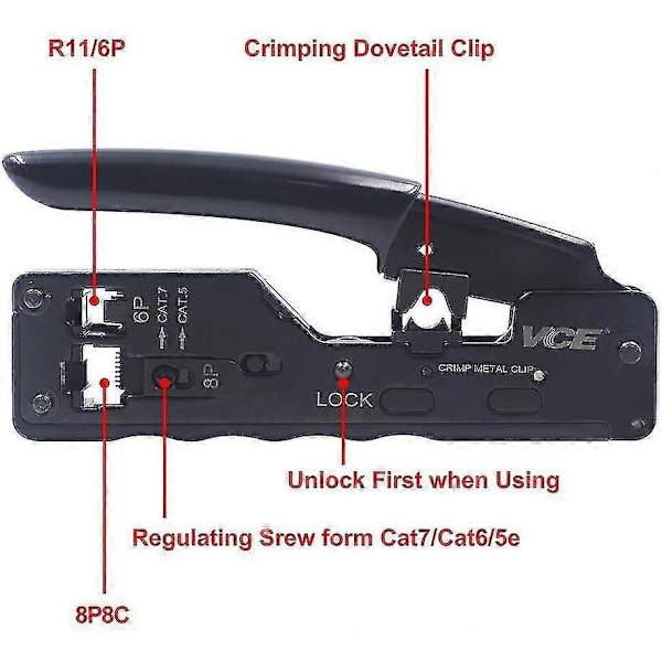 Gj669bk RJ45 Krimpverktøy, Profesjonelt nettverkskrimpverktøy for RJ45 Cat7 Cat6a Cat6 Cat5 Rj11 Ethernet-kabelplugger