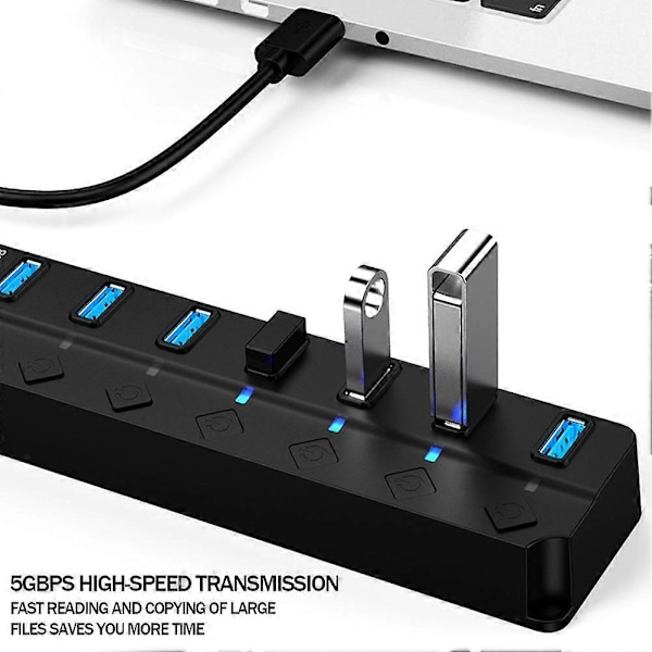 7 Port USB Hub Splitter 3.0 för Laptop USB Adapter med Individuella Brytare