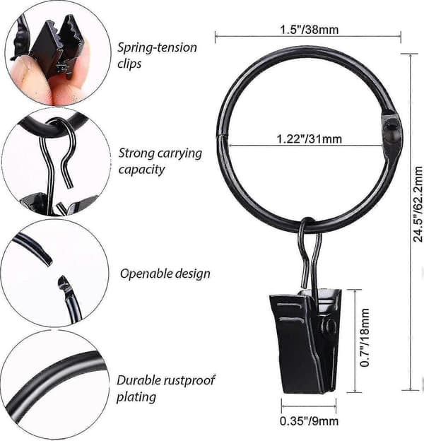 36-pack Metall Öppningsbara Gardinringar med Clips, 3,1 cm Innerdiameter