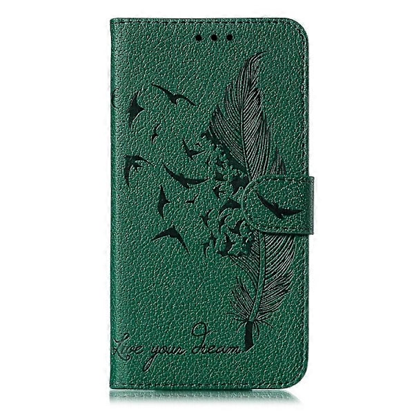 Litchi Tekstur Præget Fjer Læder Telefon Cover med Wallet Stand Kompatibel til Samsung Galaxy A20e Green