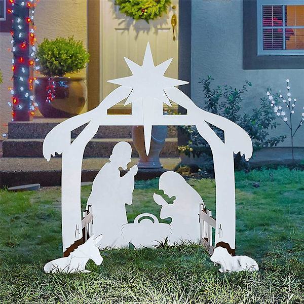 Åh heliga natt Träskylt Jul familj julkrubba skylt Rustik bondgård julfesttillbehör Dekoration för utomhusträdgård trädgård gräsmatta White
