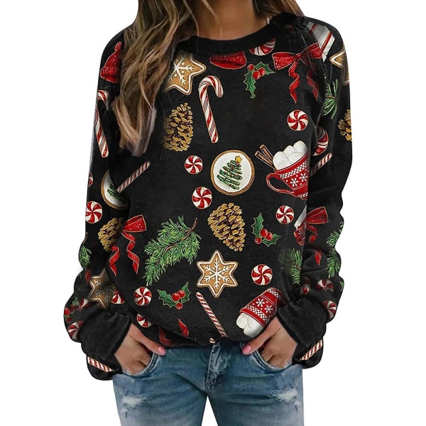 Naisten printed pitkähihainen uutuuspusero Party Xmas Crew Neck Casual Löysä neulepusero T-paita Topit Black Christmas Tree XL