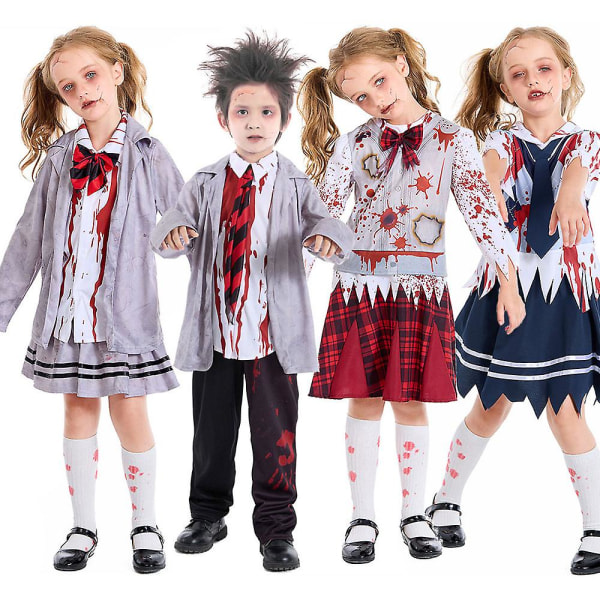 Flickor Zombie skoldräkt Uniform Barnvampyrdräkter Skrämmande Halloween kostym för barn Zombie skolpojkdräkter Boy Gray L