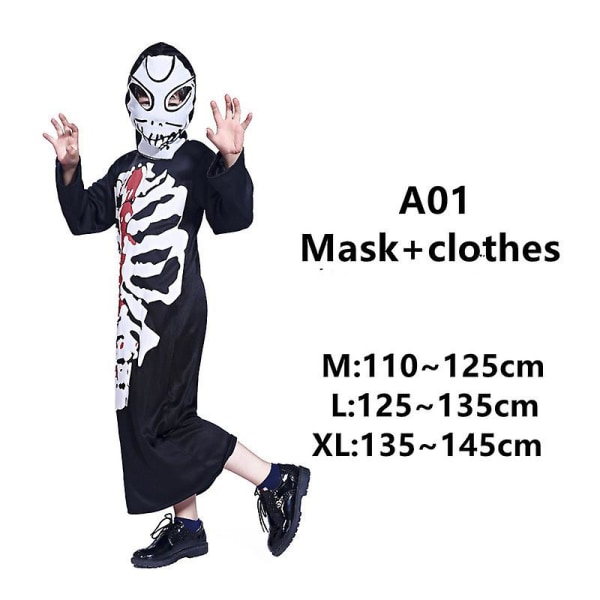 Cosplay Maskerad Fest Halloween Kostym Eva Skeleton Mask Mänskligt skelett Spöke Kläder Barn Terror Kostym Black XL