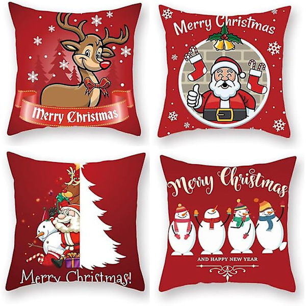 4 st Jul Kuddfodral God Jul Tomte Gåvor Julgran Fyrkantiga Kuddfodral Linne Dragkedja Kuddfodral (45x45 cm)