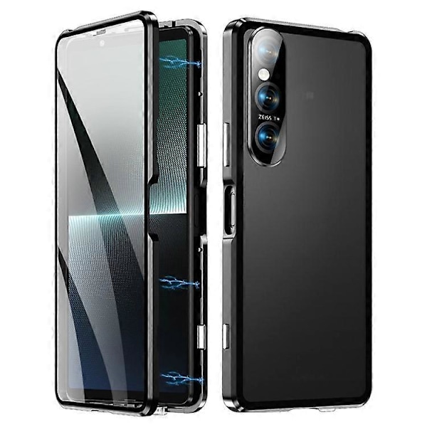 Kompatibel for Sony Xperia 1 V Magnetisk Adsorpsjon Deksel Metallramme + Herdet Glass + PC Bakside Klar Telefondeksel Black