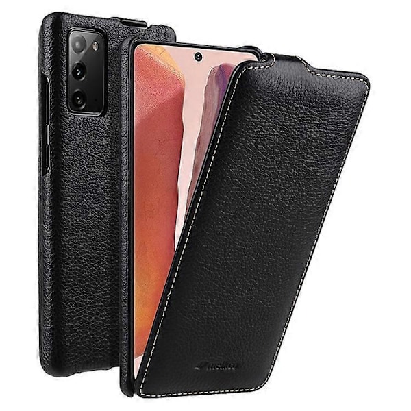 MELKCO Kompatibelt Skal för Samsung Galaxy Note20 / Note20 5G Äkta Läder+PC Vertikalt Flip Fodral Black