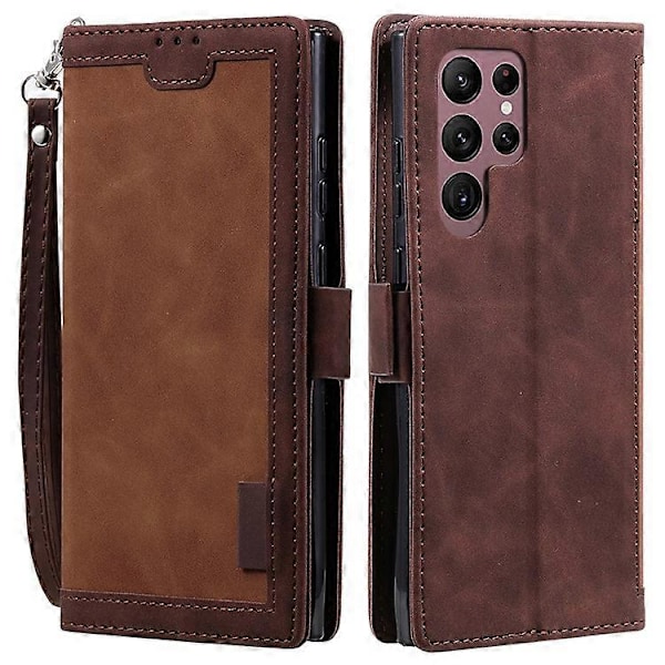 Kompatibelt för Samsung Galaxy S23 Ultra Retro Splicing Stil PU Läder Stötsäkert Telefonfodral Plånbok Ställ Folio Flipskydd med S Brown