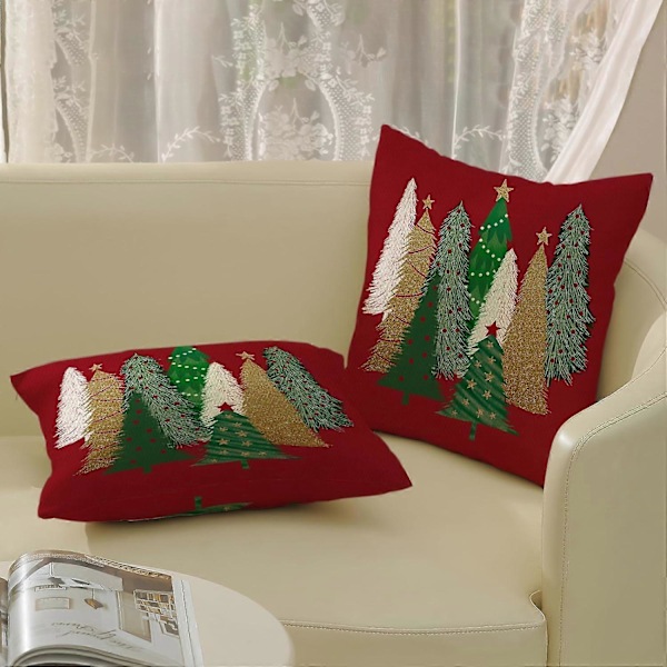 Jul Kuddfodral 45,72 x 45,72 cm Jul Dekorativt Linne Kuddfodral Jul Röd Kudde Julgran Stjärna Utomhus Prydnadskudde