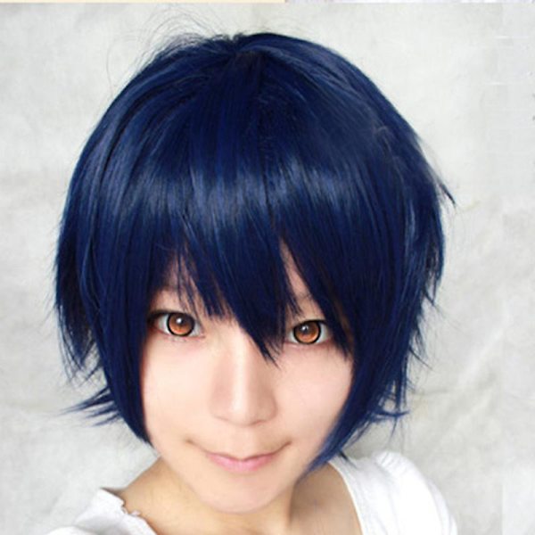 Anime Cosplay Peruk Rekvisita Kort rakt hår Full Peruk Artificiellt hårstycke Indigo Blue