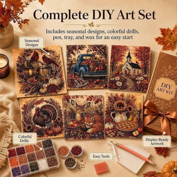 Efterår & Thanksgiving DIY Perle Diamant Kunstsæt 25x25cm, Høst Perlemaleri Sæt Vægdekoration, Efterår Mosaik Perlekunst Sæt til Voksne, Thanksgiving De Turkey
