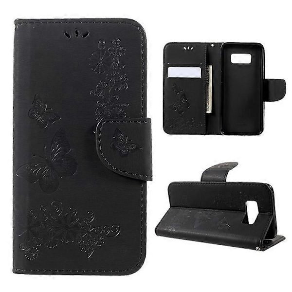 Kompatibelt för Samsung Galaxy S8 Präglat Fjärilsblommor Plånbok Läderfodral Ställ Black