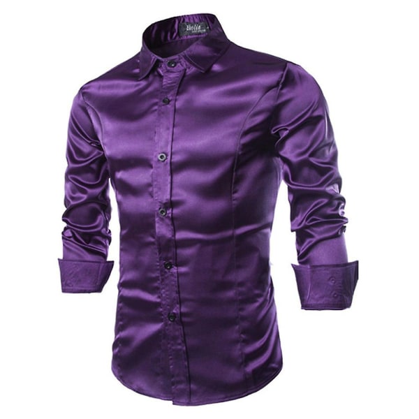Miesten ylellinen mekkopaita Slim Fit Casual Form Dance Party -muodolliset paidat Purple 2XL