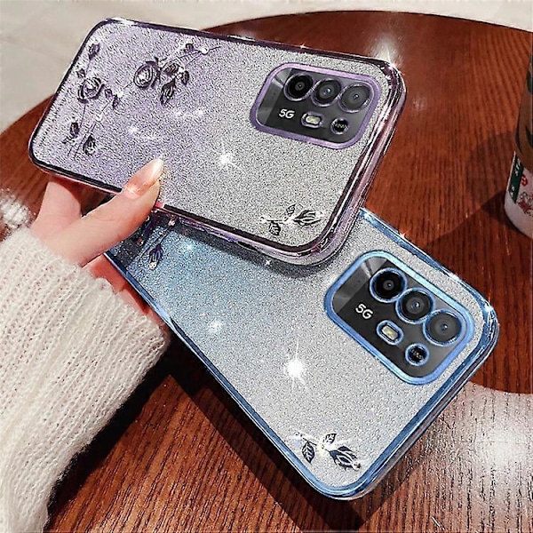 KADEM Yhteensopiva Oppo A95 5G / F19 Pro+ 5G / Reno5 Z / A94 5G TPU Naarmuuntumaton Suojakuori Strassikukka Glitter Liukuväri Puhelin Blue