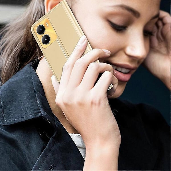 Kompatibel med vivo Y56 5G Full Beskyttelse Telefondeksel Flip Telefon Cover Kort Oppbevaringsspor PU Lær Stativ Shell Gold