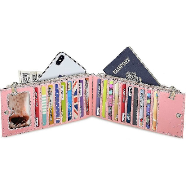 Dame Rfid-blokerende Pink Glitter Læder Multi Kort Organizer Bifold Pink Pung Med Lynlåslomme, Rosaguld