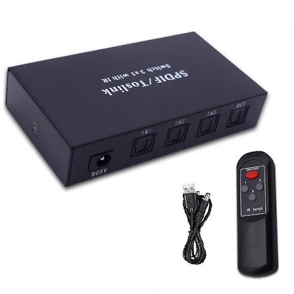 Optisk Switch med 2-vägs Spdif Toslink Optisk Digital Ljudsplitter 3 in 1 ut med IR Fjärrkontroll