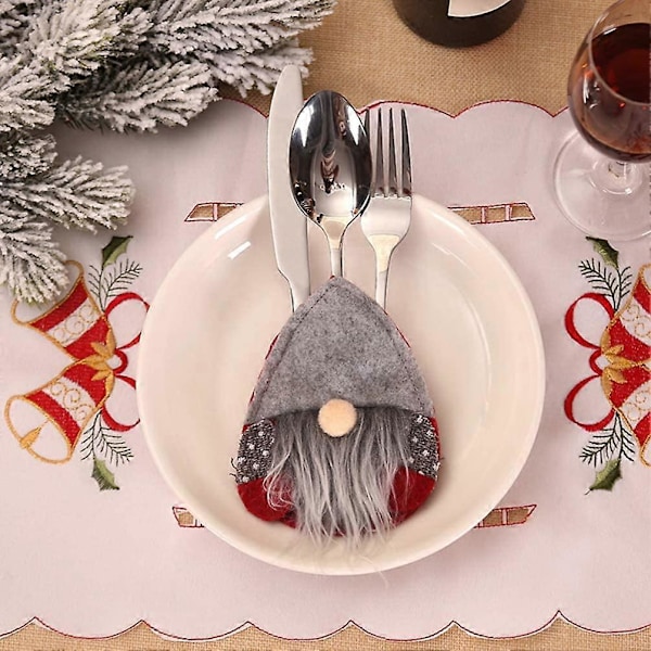 6 stk. Julemand Bestikholder Gaffelpose Bordbestikpose Svensk Julemand Gnome Plys Pose Julefest Middagsbord Dekoration (13,5x10cm)