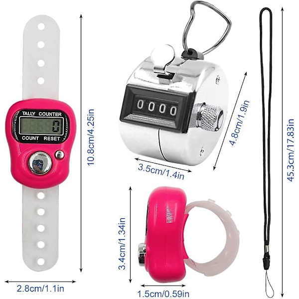 6 stk. Elektroniske Klikkertellere, 2 stk. Håndholdte Metalltellere med Snor & 4 stk. LED Elektroniske Digitale Fingertellere, For C