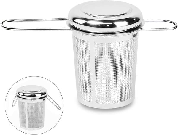 Te-sil, rostfritt stål, finmaskiga filter, med fällbart handtag och lock, (1 st, silver)