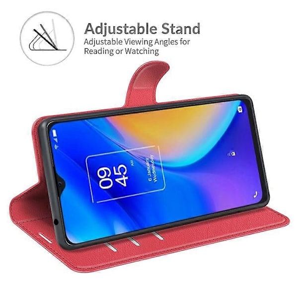 Litchi Tekstur PU Læder Etui Flip Stand Stødsikkert Telefoncover med Pung Kompatibel med TCL 20 SE Red