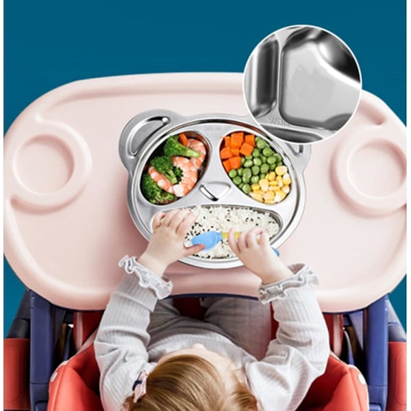 Set med 4 Delade Barnmattallrikar i Rostfritt Stål, 3 Fack Okrossbara Mattallrikar för Barn, Söta Pandaformade Delade Tallrikar för Kräsna Ätare, Lunch