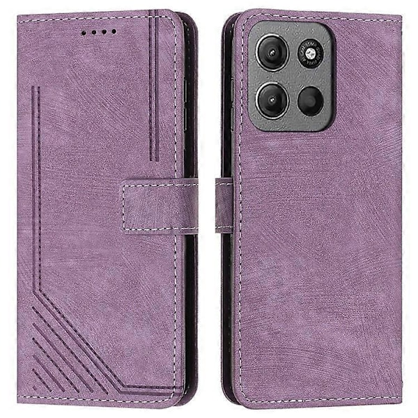Kompatibelt Skal för Motorola Moto G15 4G, Präglade Linjer Läder Telefonskal Vikbart Ställ Purple