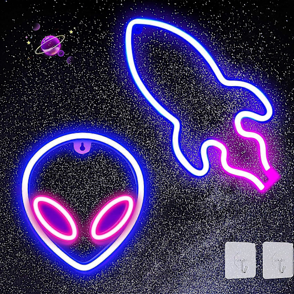 Neonkyltti, 2 kpl Alien Rocket LED Neonvalo, LED-kyltit makuuhuoneeseen USB- tai paristokäyttöiset neonvalokyltit