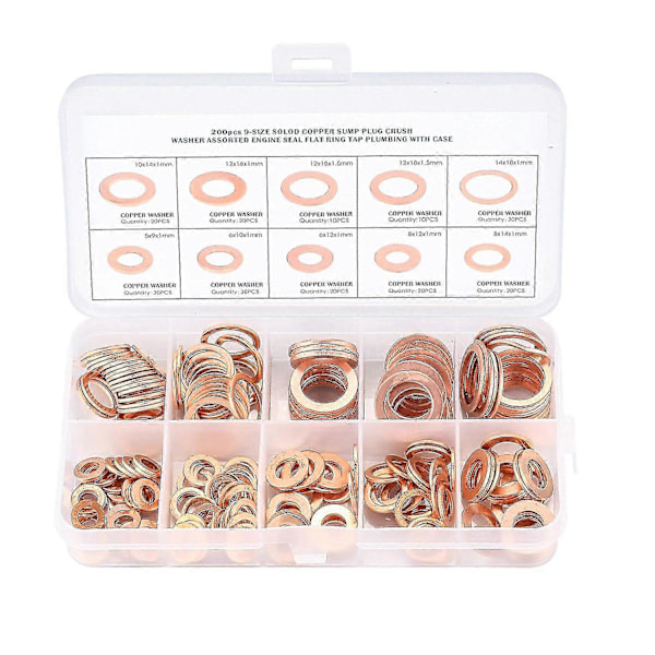 Kopparbrickor, Tätningsringar, Platta Brickor, O-ring med Låda för Tätning - 200 st/M5 M6 M8 M10 M12 M14