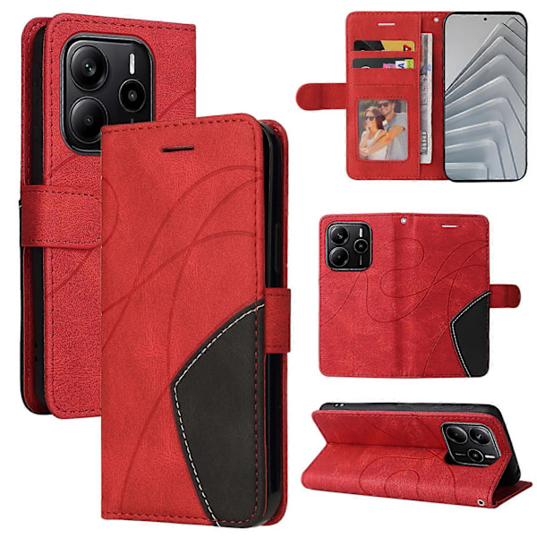 Yhteensopiva Xiaomi Redmi Note 14 4G (163.25x76.55x8.16mm) -puhelinmallille Nahkainen puhelinkotelo, jossa jalusta ja lompakko, kaksivärinen muotoilu Red