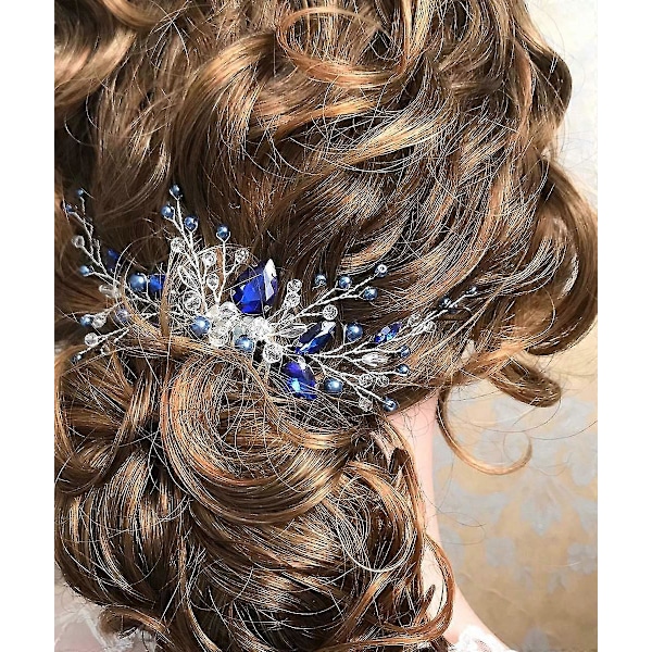 Dame Royal Safir Krystal Blå Perle Ørering Hårranke Sæt Sølv Bryllup Hårtilbehør Hårkam Stykke Gave (blå)