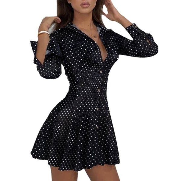 Kvinner Slim Kjole Sexy Lapel Lace Button Langermet Mini Dress style 1 L