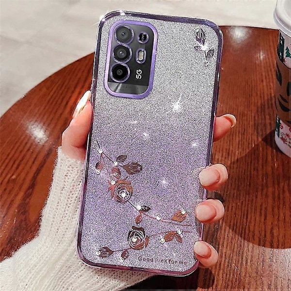 KADEM Kompatibel med Oppo A95 5G / F19 Pro+ 5G / Reno5 Z / A94 5G TPU Anti-ridse Cover Rhinestone Blomst Glitter Gradient Telefon Purple