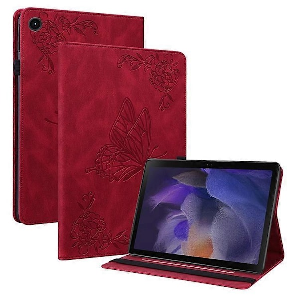 Kompatibelt Läderfodral för Samsung Galaxy Tab A9 med Fjärilsblommor Tryck Tablet Skydd Red