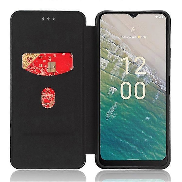Kompatibelt för Nokia C32 PU Läder Kolfibertextur Fodral Kortfack Ställ Mobilskal Black