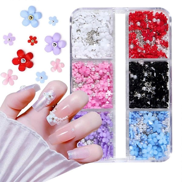 3D Blomster Nagel Charm, 6 Rutor 3D Nagelblommor Strass Stenar Pärlor Vit Rosa Blå Körsbärsblom Nagelkonst Dekaler Charm för Akryl Naglar Tillbehör med