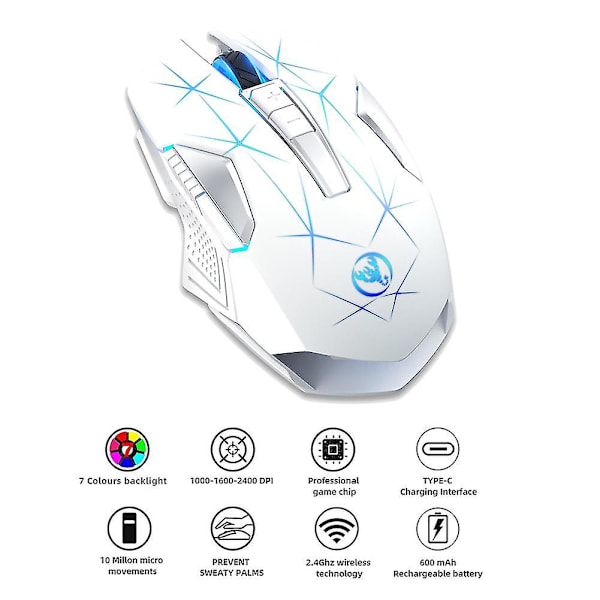 T300 Trådlös 2.4g Mus Ergonomisk Mus 2400 Optisk Mus RGB Bakgrundsbelysning Tyst Gaming Mus Vit