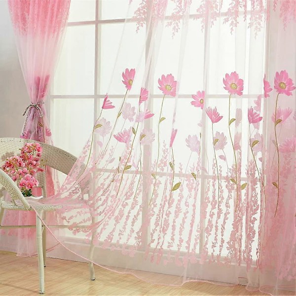 Glitter Blomst Blad Print Voile Gardiner Blyantfold Tynde Tyl Gardiner Panel Vinduesbehandling til Stue Piger Børneværelse