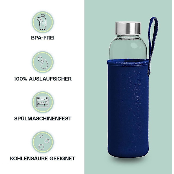 Glasflaske 1l Med Neoprenbetrk | Glas Drikkeflaske I 500ml Med Beskyttelsesbetrk Og Lg I Rustfrit Stål | Vandflaske Til Sport, Kontor, Skole & Udendørs |