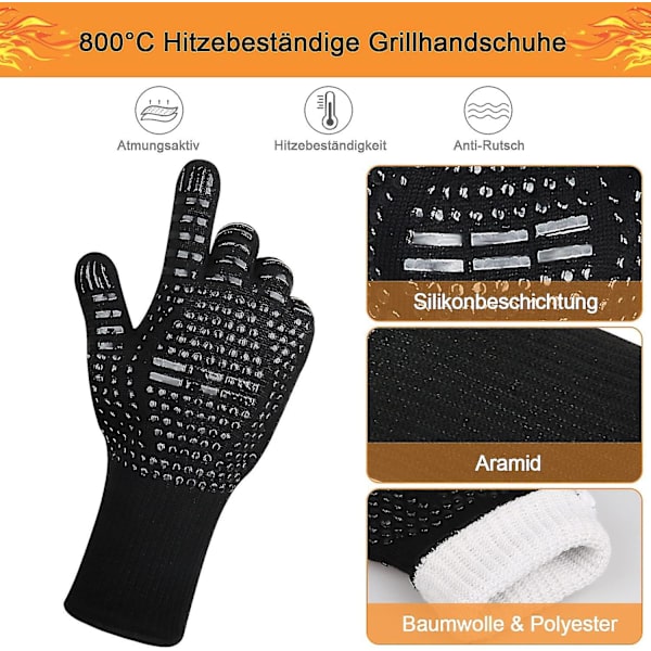 Grillhandskar Värmebeständiga 800 grader, Brandsäkra handskar med silikonbeläggning, halkfria tvättbara Weber Grillhandskar Grillhandskar för grill, BBQ, Bakin