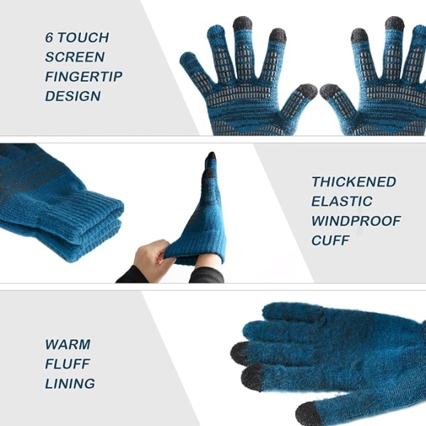 Vinterhandskar med pekskärm för män, halkfria varma handskar, stickade silikonpartikelhandskar för män Blue