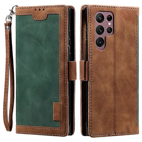 Kompatibelt för Samsung Galaxy S23 Ultra Retro Splicing Stil PU Läder Stötsäkert Telefonfodral Plånbok Ställ Folio Flipskydd med S Green