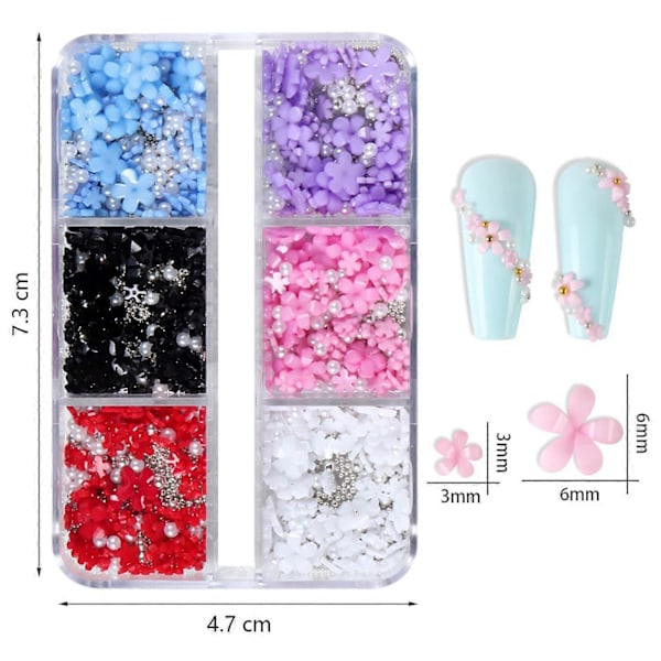 3D Blomster Nagel Charm, 6 Rutor 3D Nagelblommor Strass Stenar Pärlor Vit Rosa Blå Körsbärsblom Nagelkonst Dekaler Charm för Akryl Naglar Tillbehör med